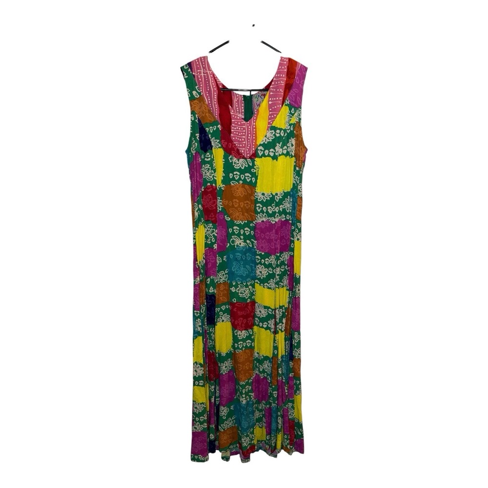 Vintage Jams World Maxi Dress Medium Multicolor Block Tie Back Tropical Hawaiian